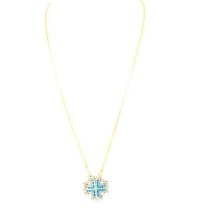 Jerusalem Cross Necklace Blue Enamel Silver Tone Gold Chain Religious Pendant
